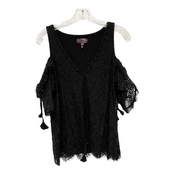 Hale Bob Small Cold Shoulder Lace Top With Tassel Tie Detail in Black - Picture 2 of 6